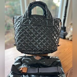 MZ Wallace Sutton Metallic Grey Tote with Crossbody Strap and Matching Pouch EUC